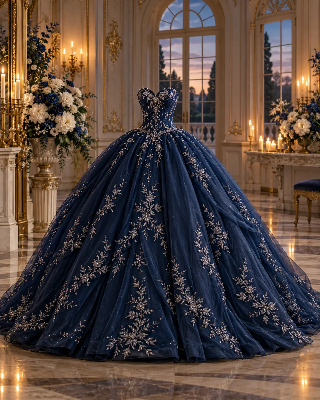 Vestido azul noche con detalles plateados y flores blancas