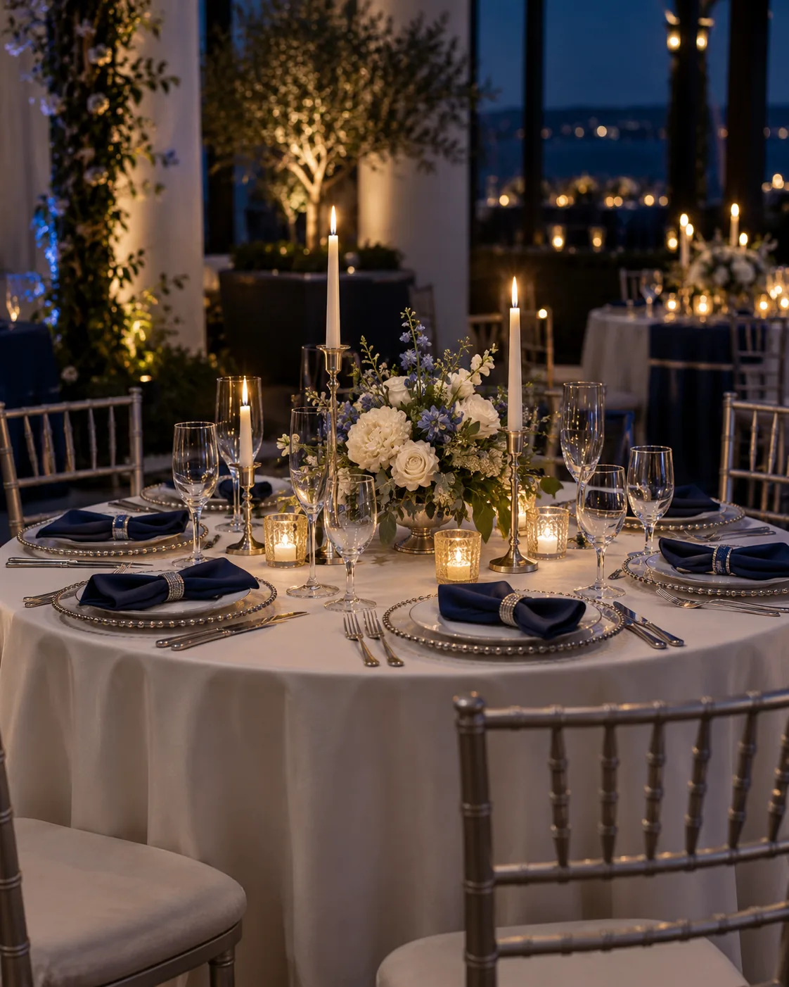 Mesa de recepción en tonos marfil, azul noche y champagne iluminada con velas