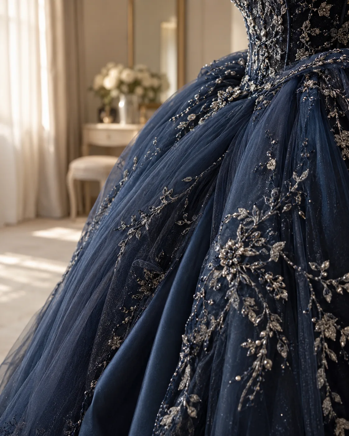 Detalle de tul azul noche con bordado plateado del vestido de quinceañera